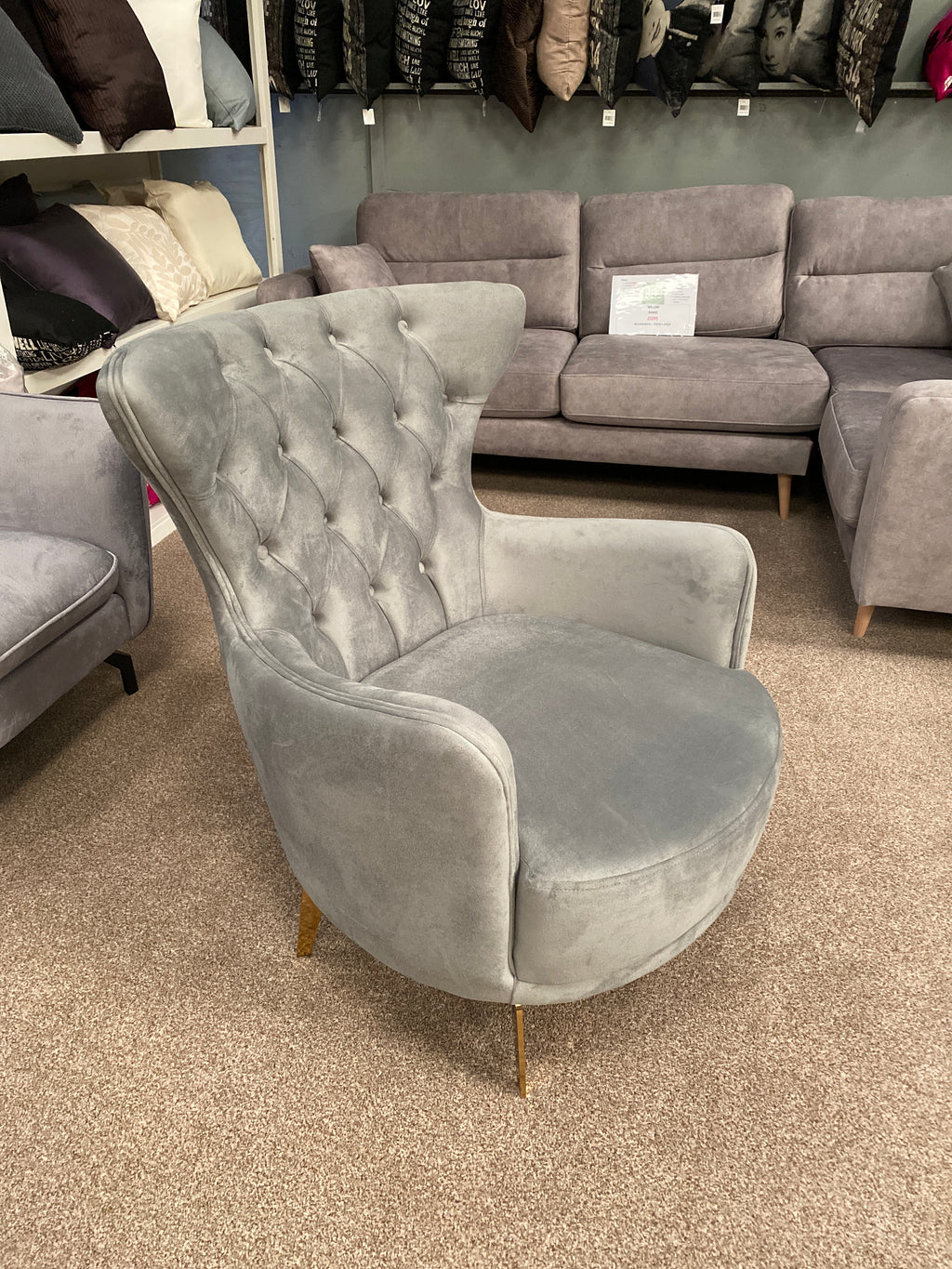 Grey Velvet Queen Anne Chair