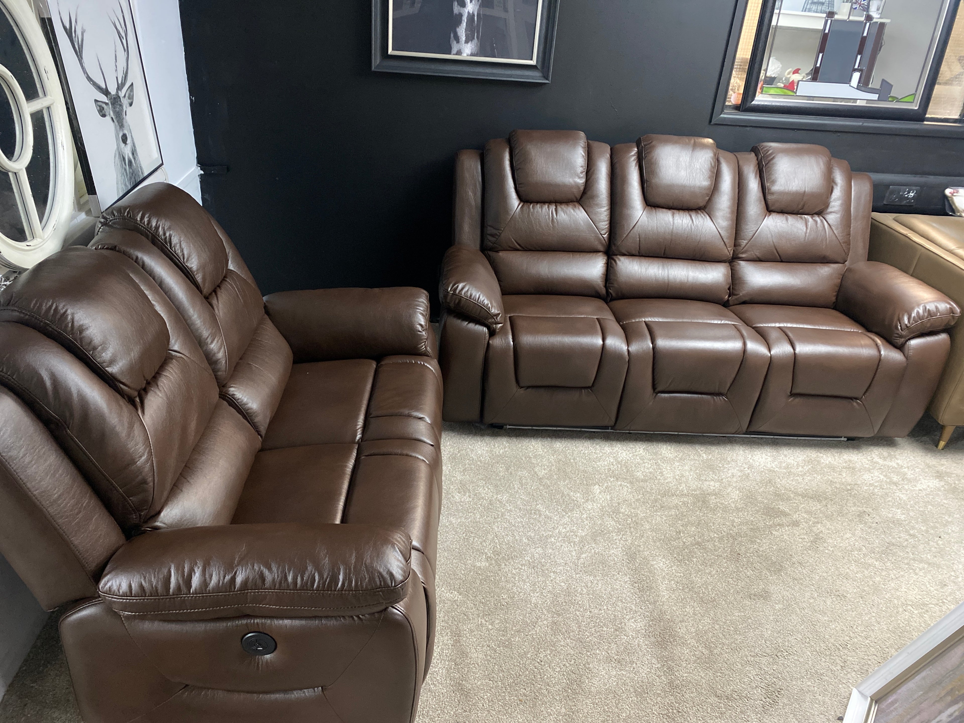 3+2 Brown Leather - Electric Recliner Sofa Set - With LED Lights