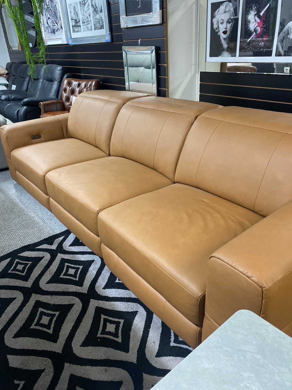 Tan Aniline Leather 4 Seater Sofa - Electric Recliner (With USB Charging Ports)