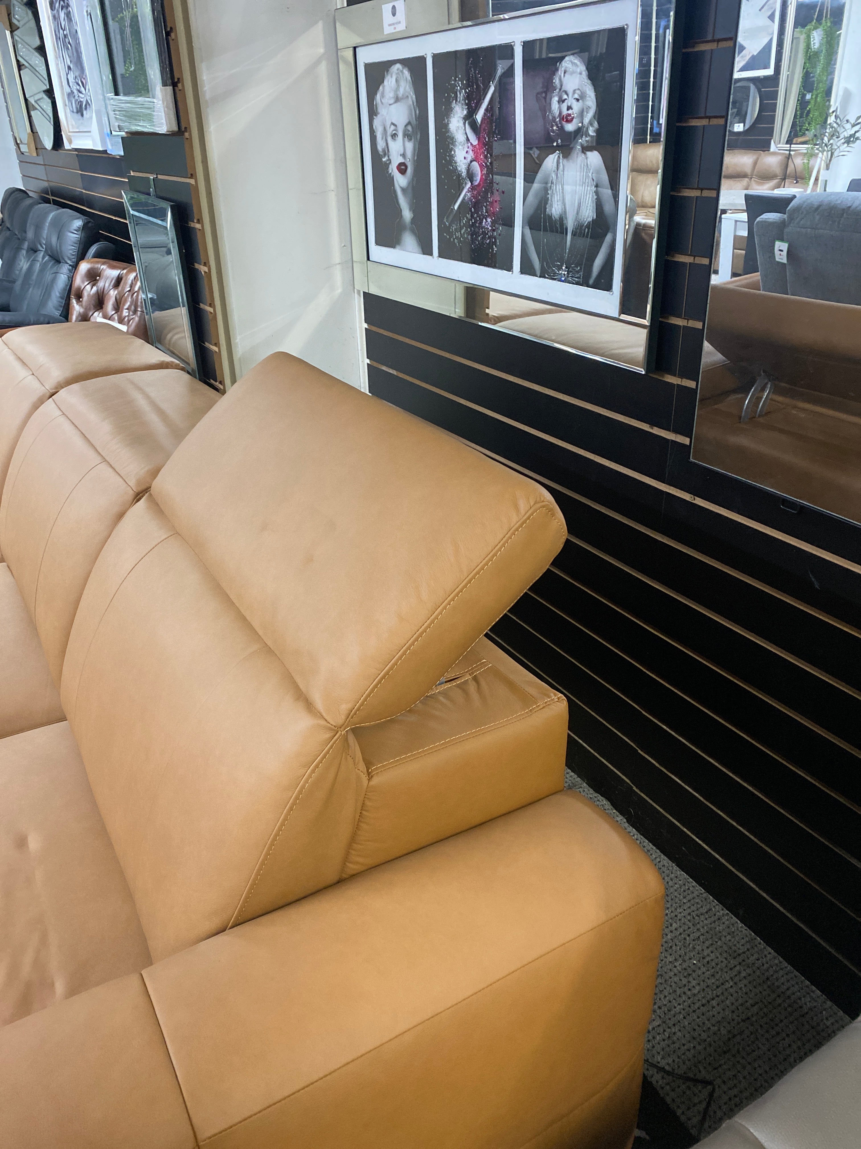 Tan Aniline Leather 4 Seater Sofa - Electric Recliner (With USB Charging Ports)