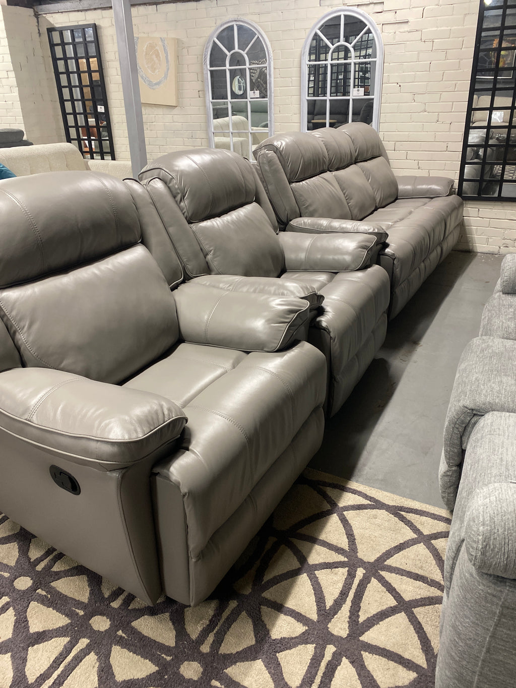 3+1+1 Grey Leather - Manual Recliner Sofa Set