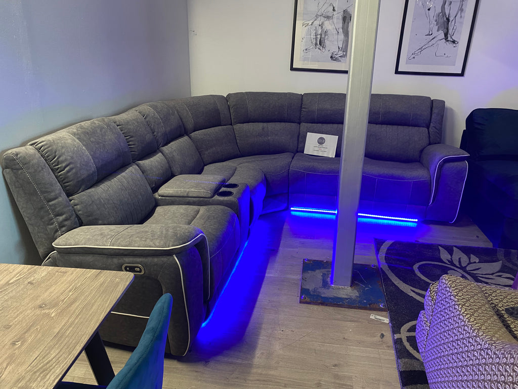 Grey Fabric - Electric Recliner Corner Sofa - With LED Lights