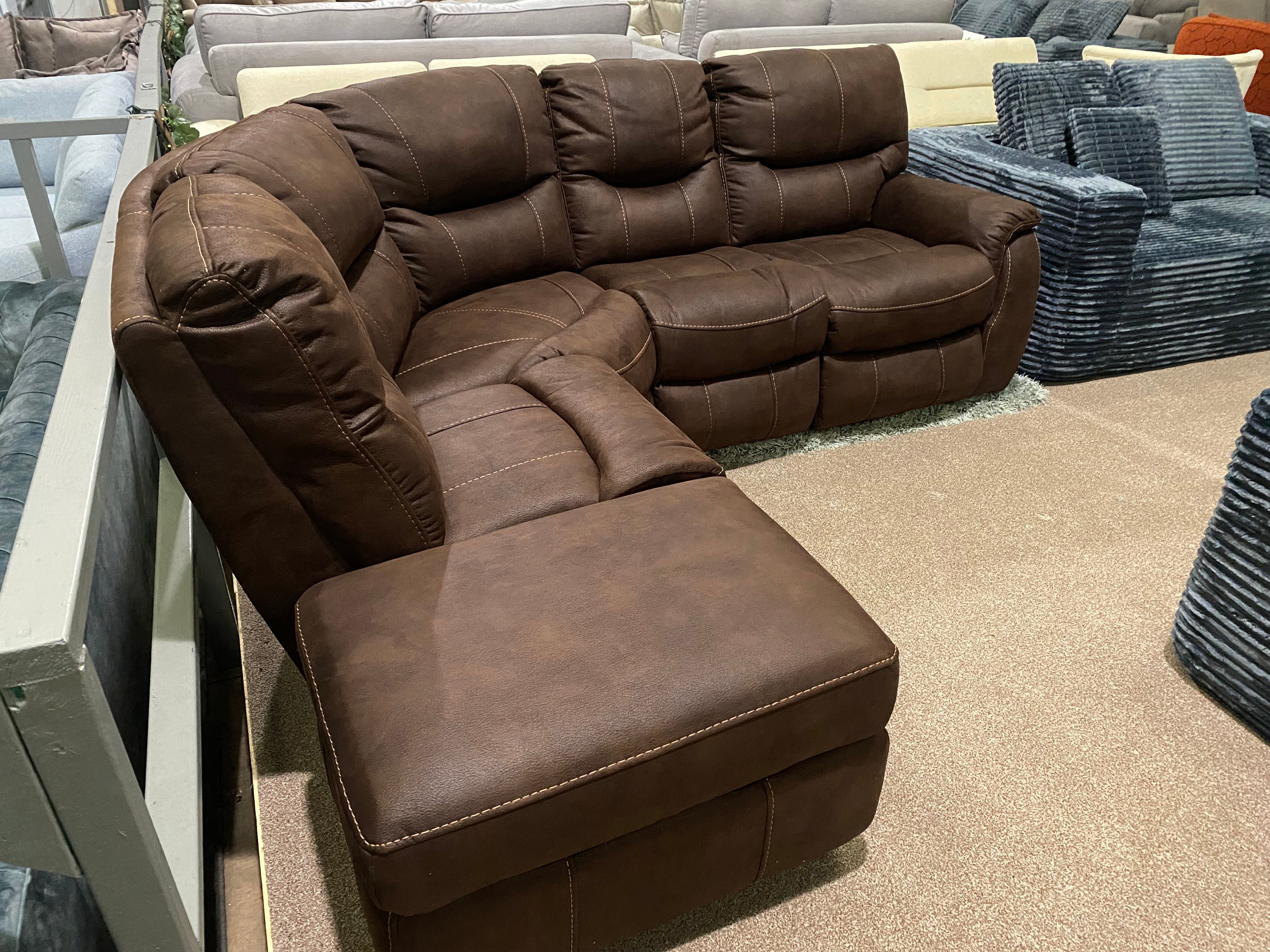 Brown Fabric Corner Sofa - Manual Recliner
