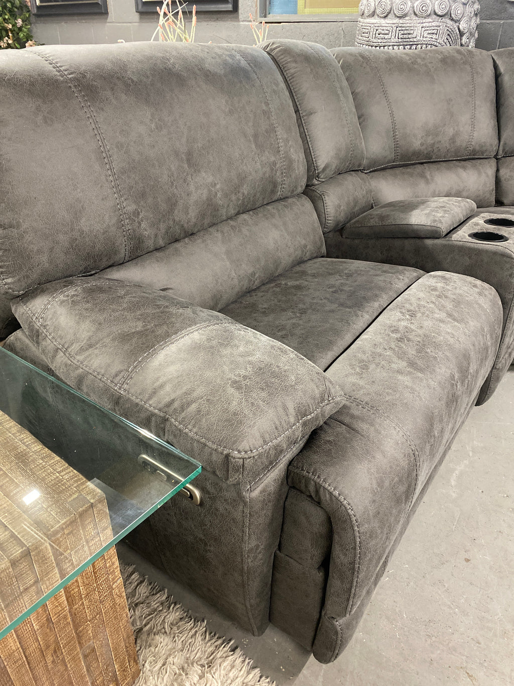 Grey Fabric Corner Sofa - Electric Recliner