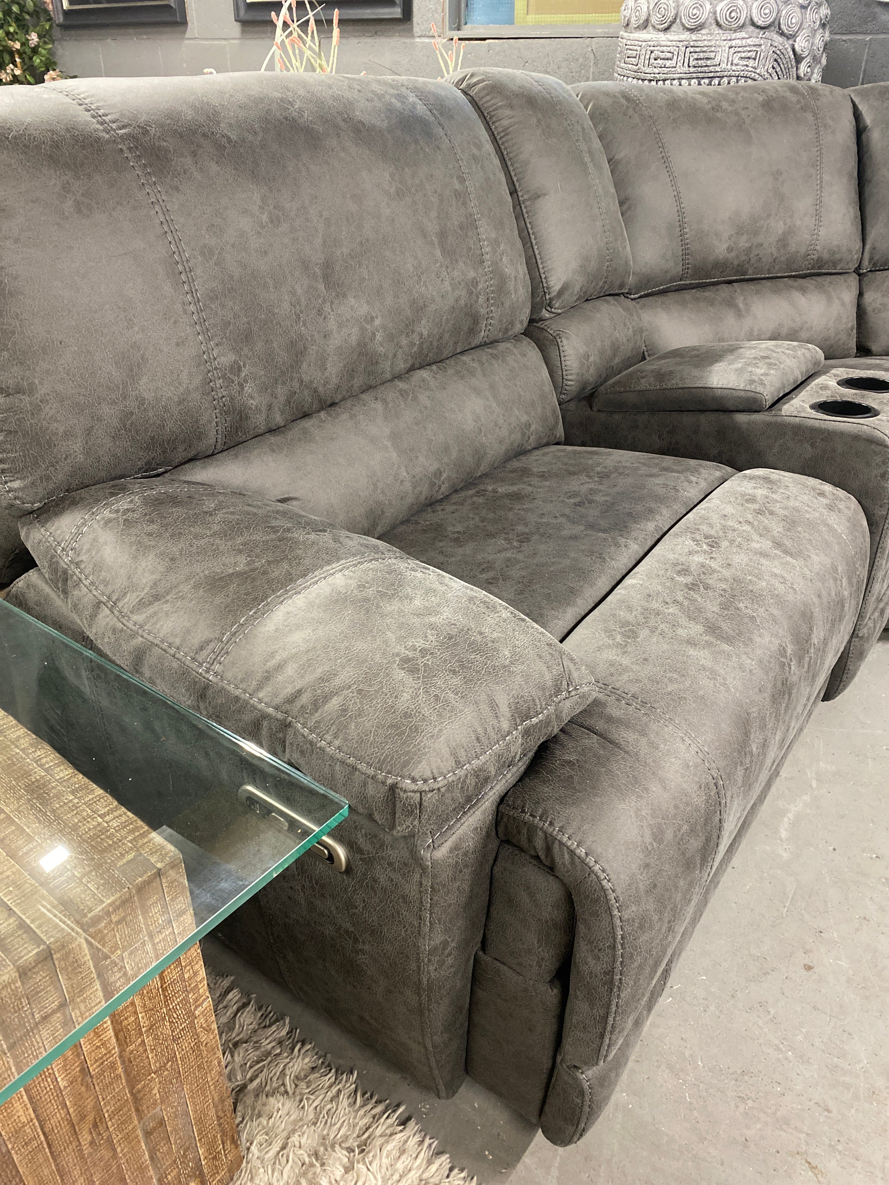 Grey Fabric Corner Sofa - Electric Recliner
