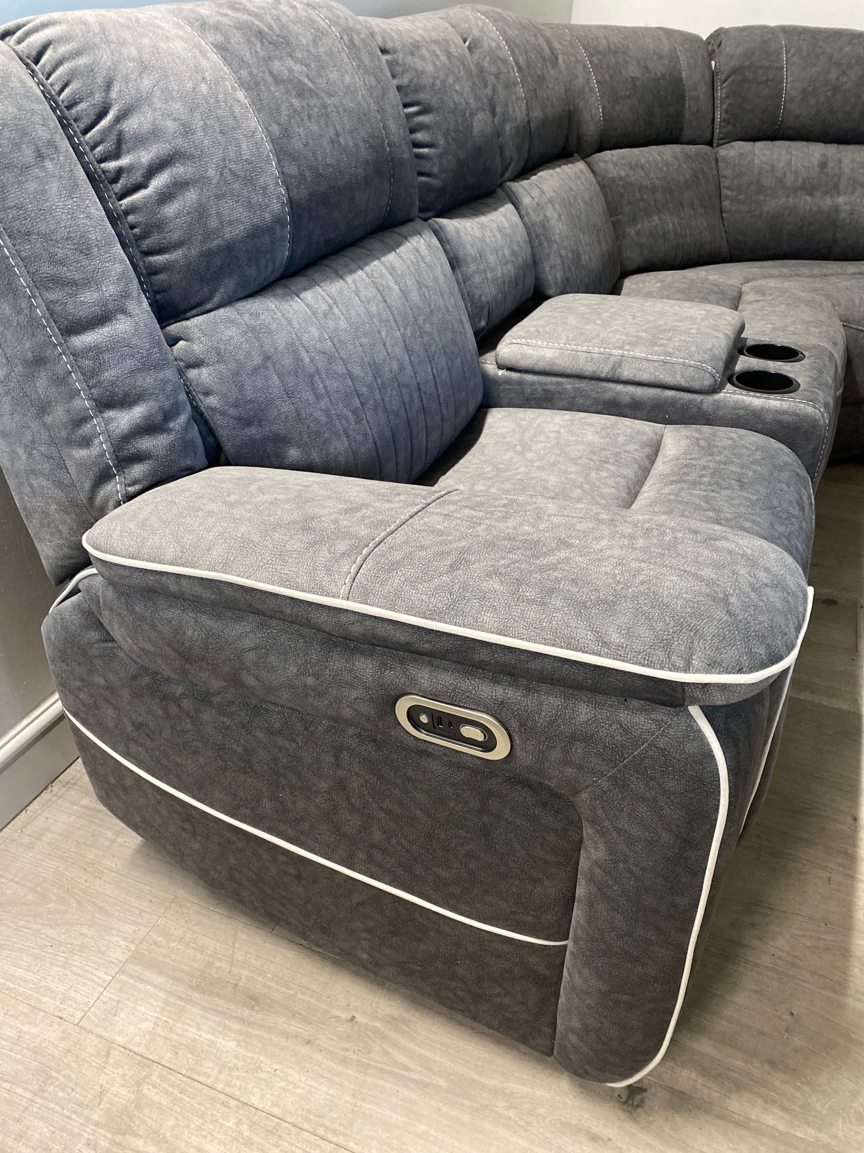Grey Fabric - Electric Recliner Corner Sofa - With LED Lights
