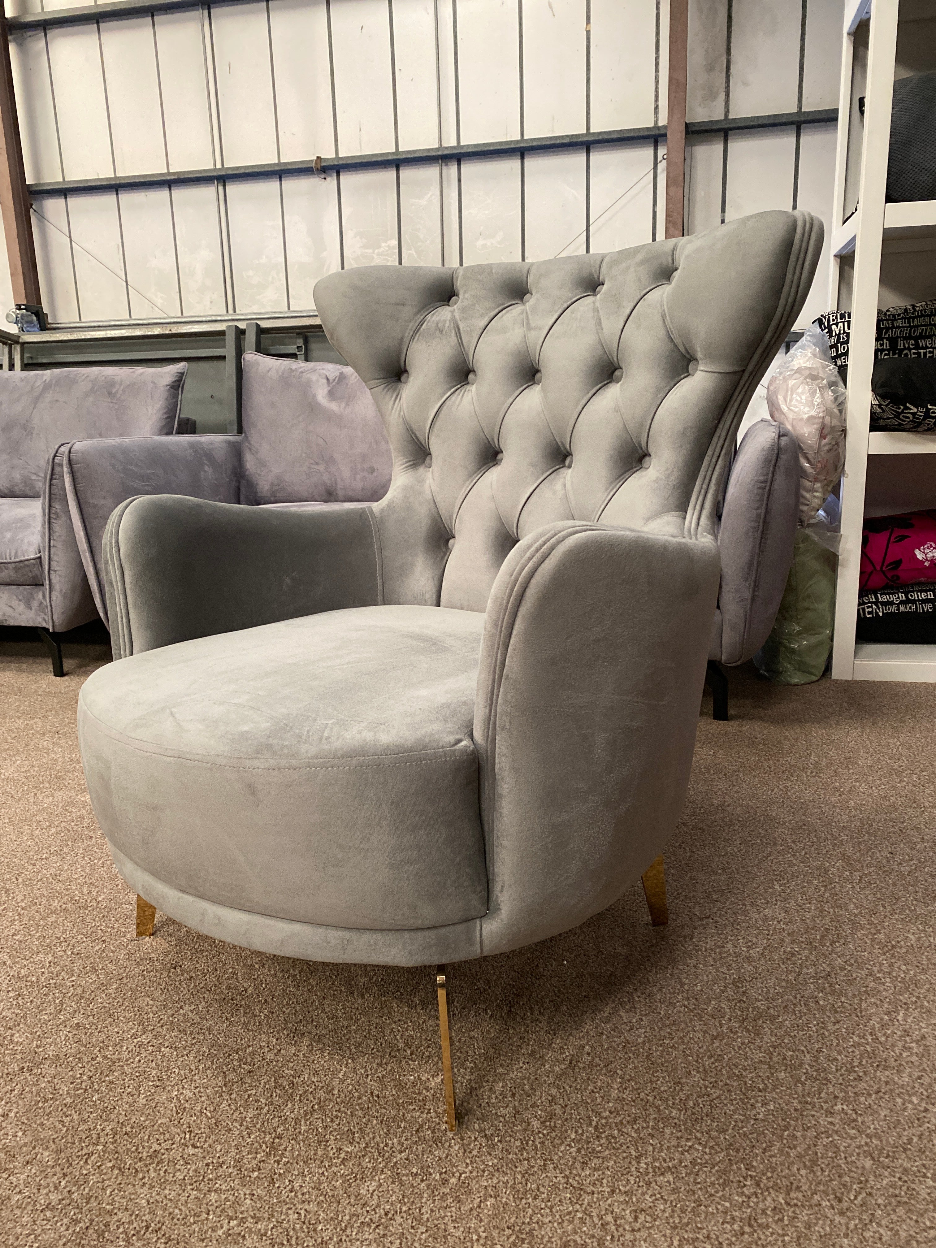 Grey Velvet Queen Anne Chair