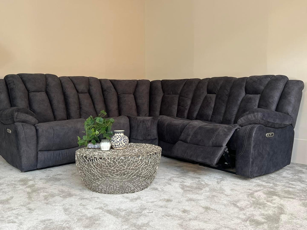 Grey Fabric Corner Sofa - Electric Recliner
