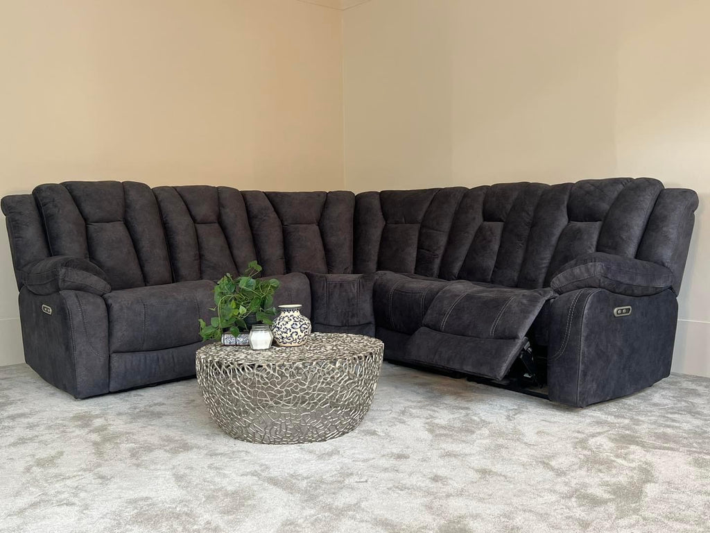 Grey Fabric Corner Sofa - Electric Recliner