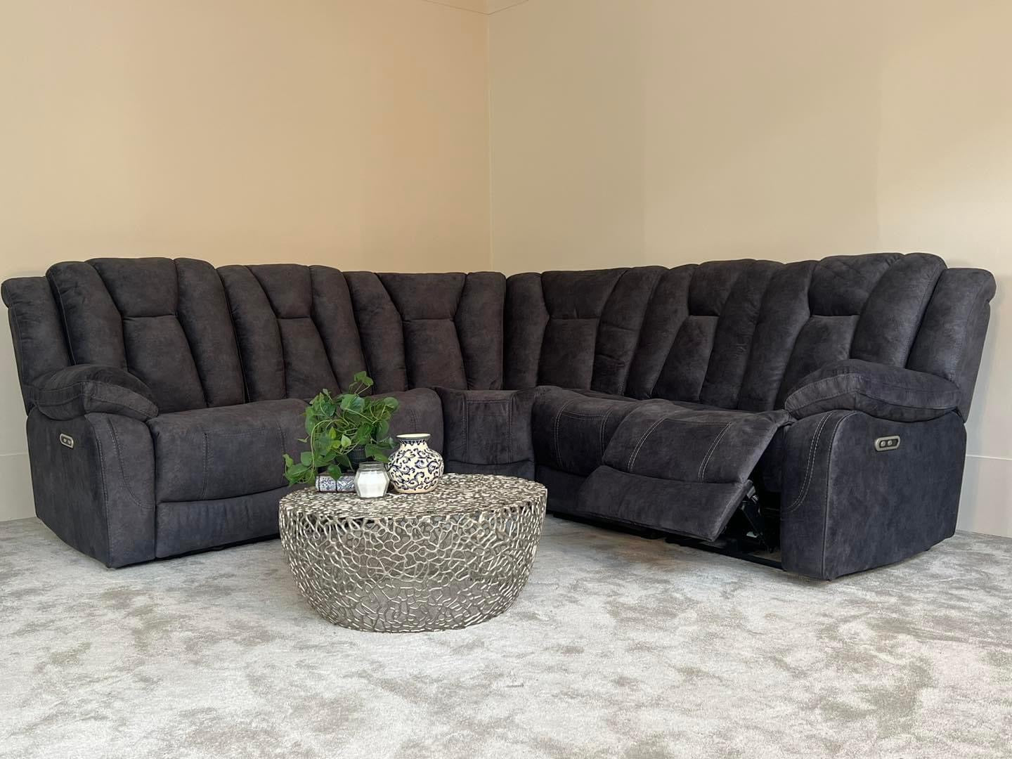 Grey Fabric Corner Sofa - Electric Recliner