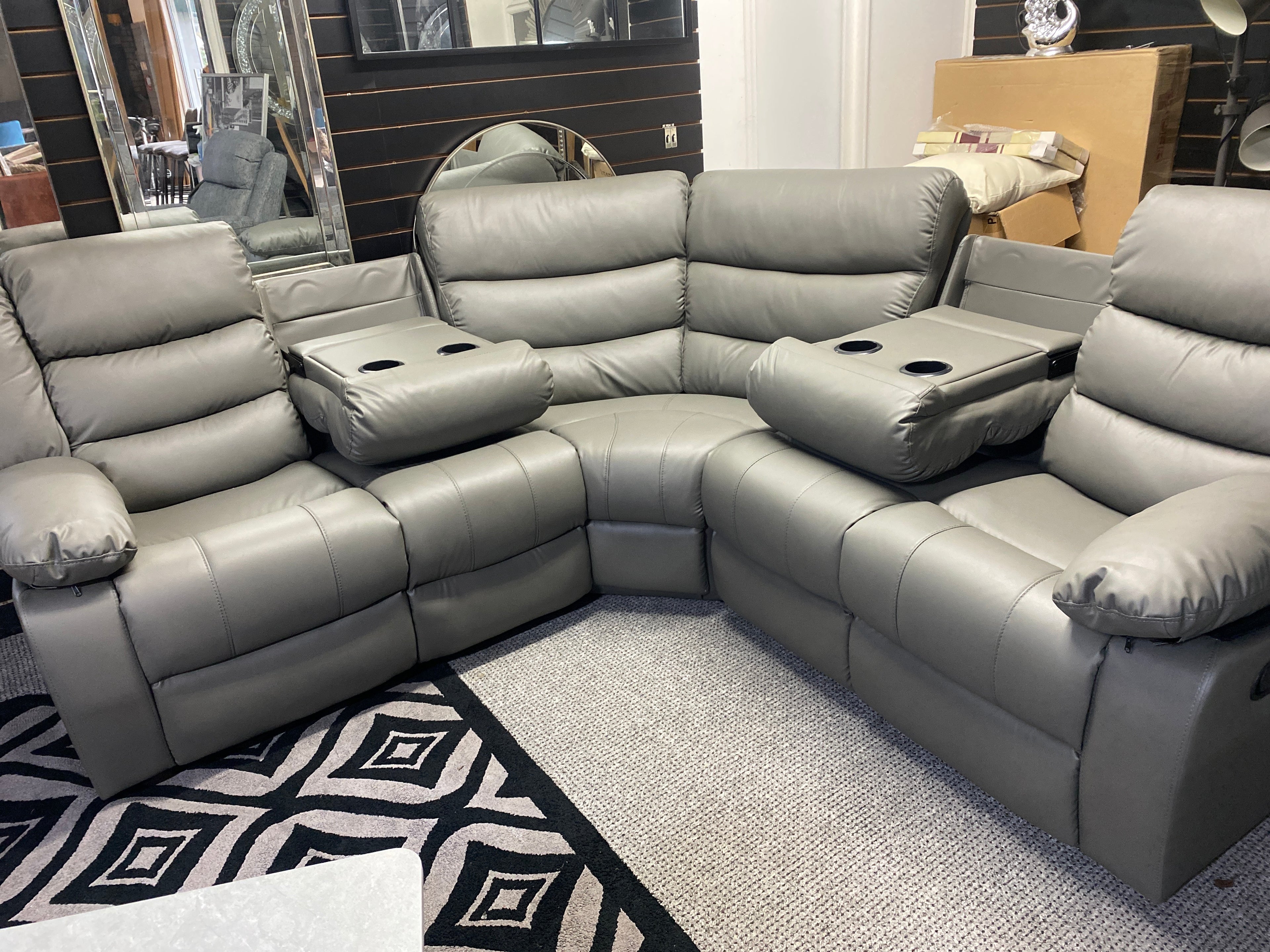 Grey Leather - Manual Recliner Corner Sofa