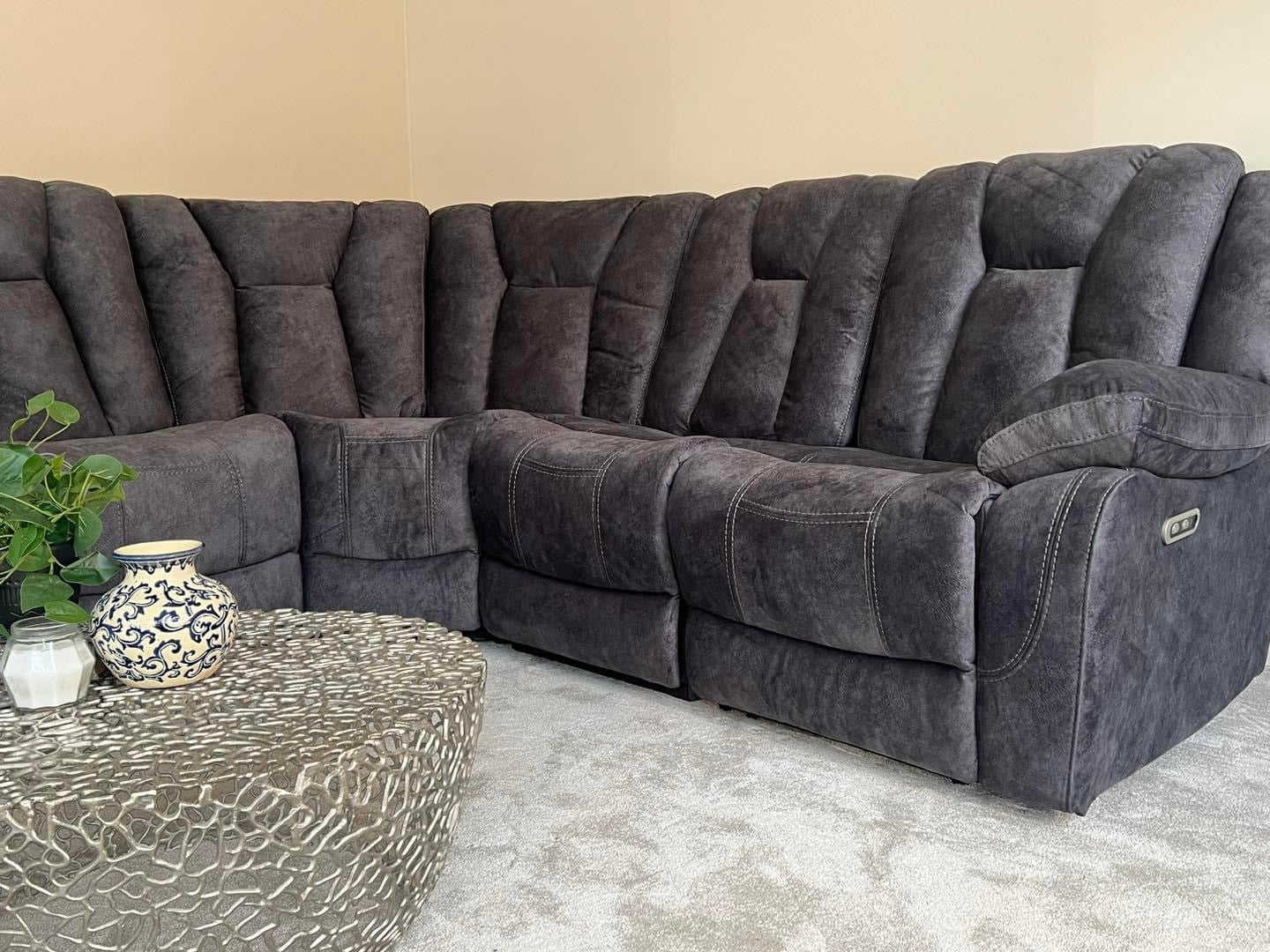 Grey Fabric Corner Sofa - Electric Recliner