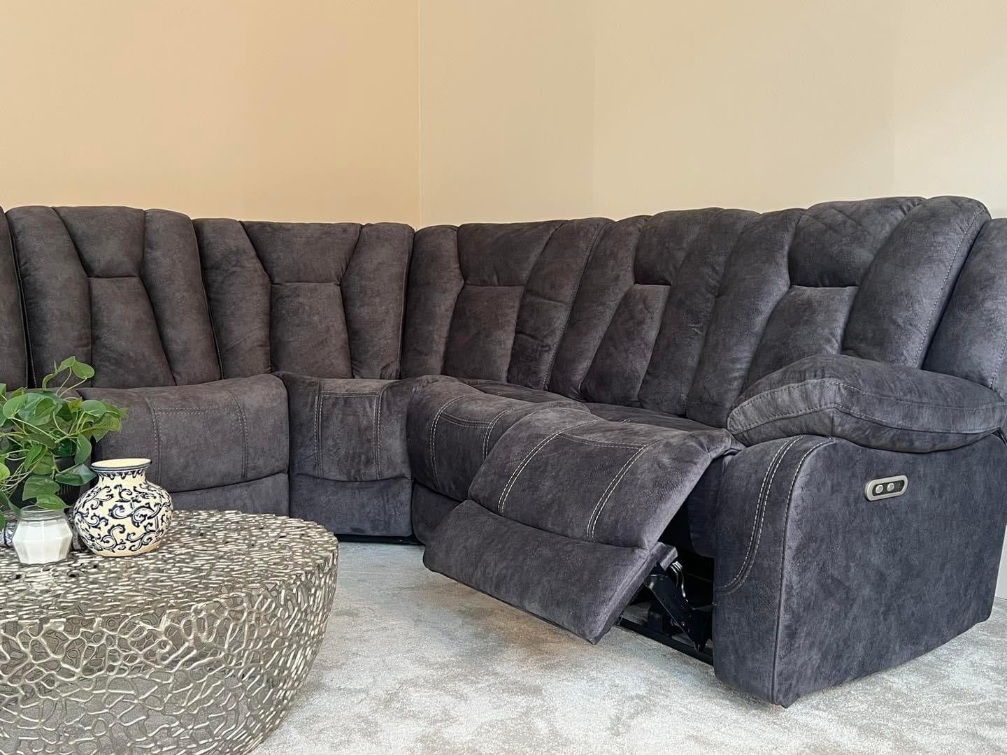 Grey Fabric Corner Sofa - Electric Recliner